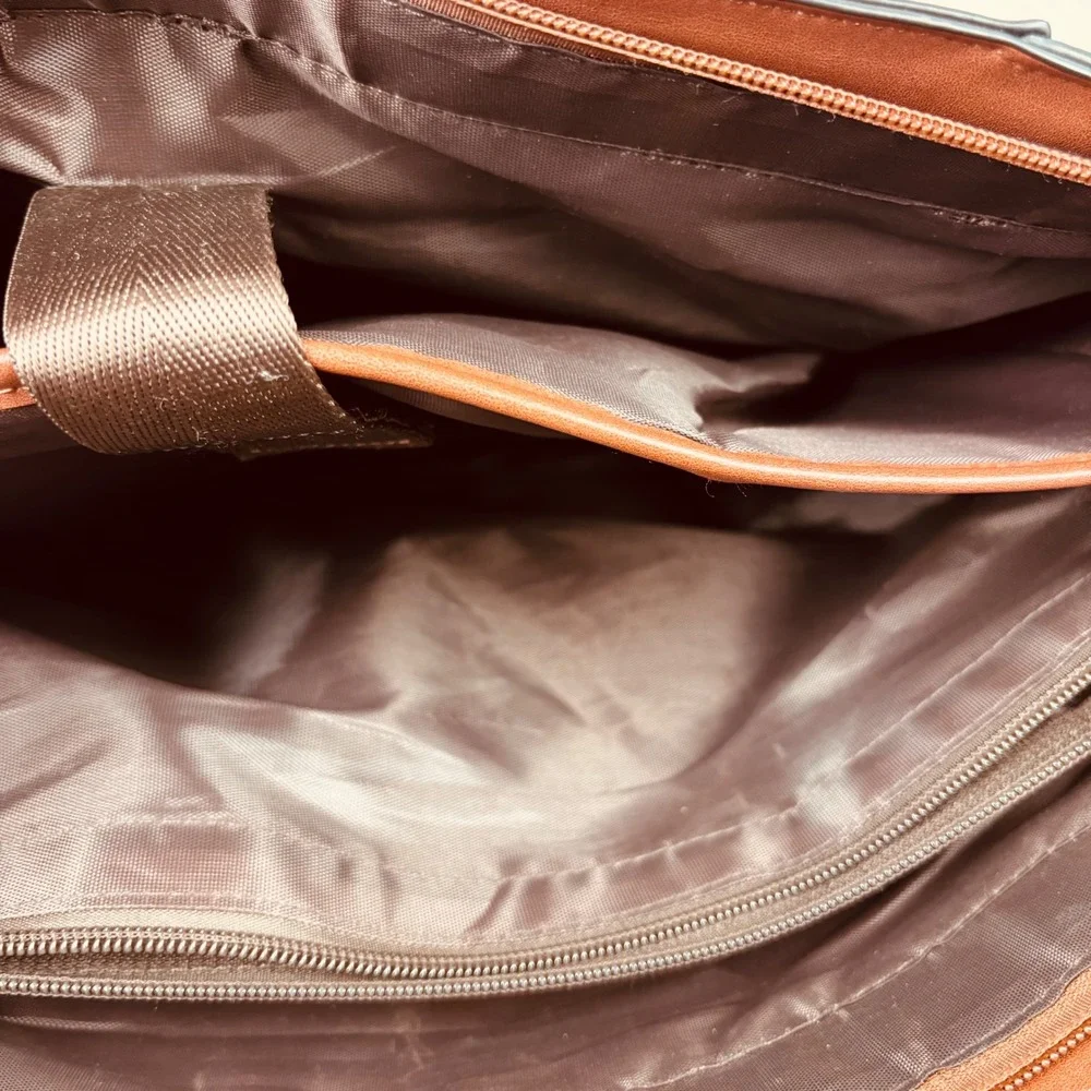Mosiso Faux Leather Cognac Brown Laptop Bag Large Tote Straps Pockets 18